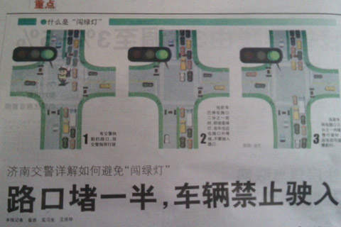 濟南交警詳解"闖綠燈" ：路口堵車禁駛入